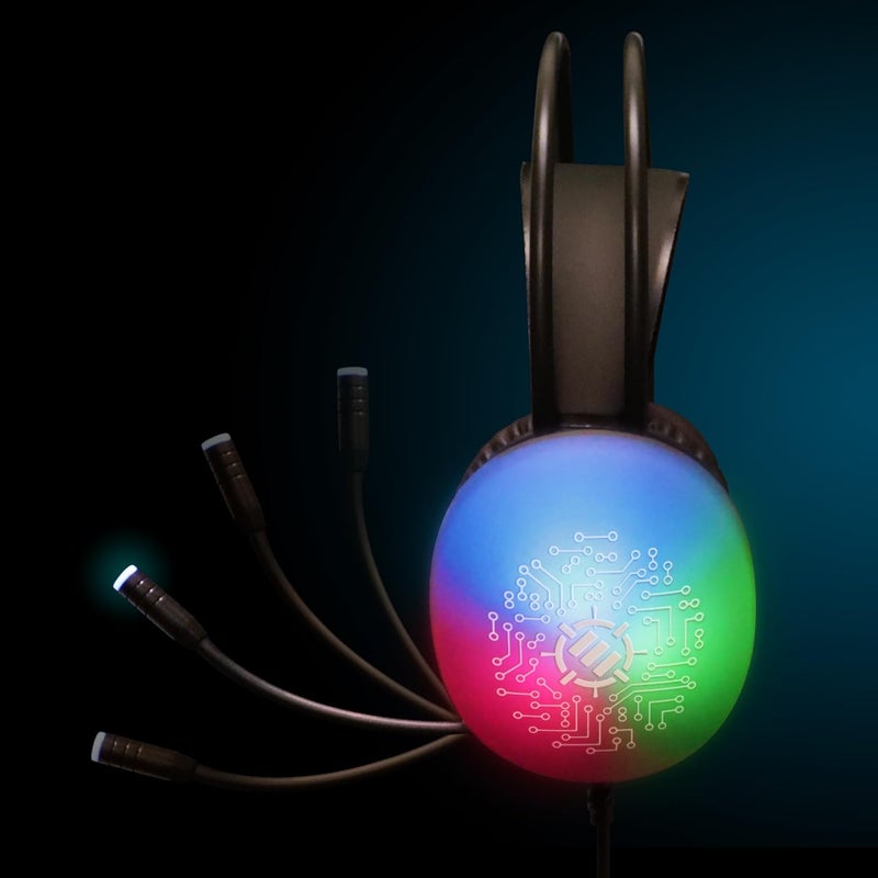 ENHANCE Voltaic 2 USB Gaming Headset - Stereo Gaming Headset for PC with Clear, Circuit Design, Color Changing LEDs, 50mm Drivers - Over Ear Headphones with In-Line Controller, Splitter Cable - Image 4