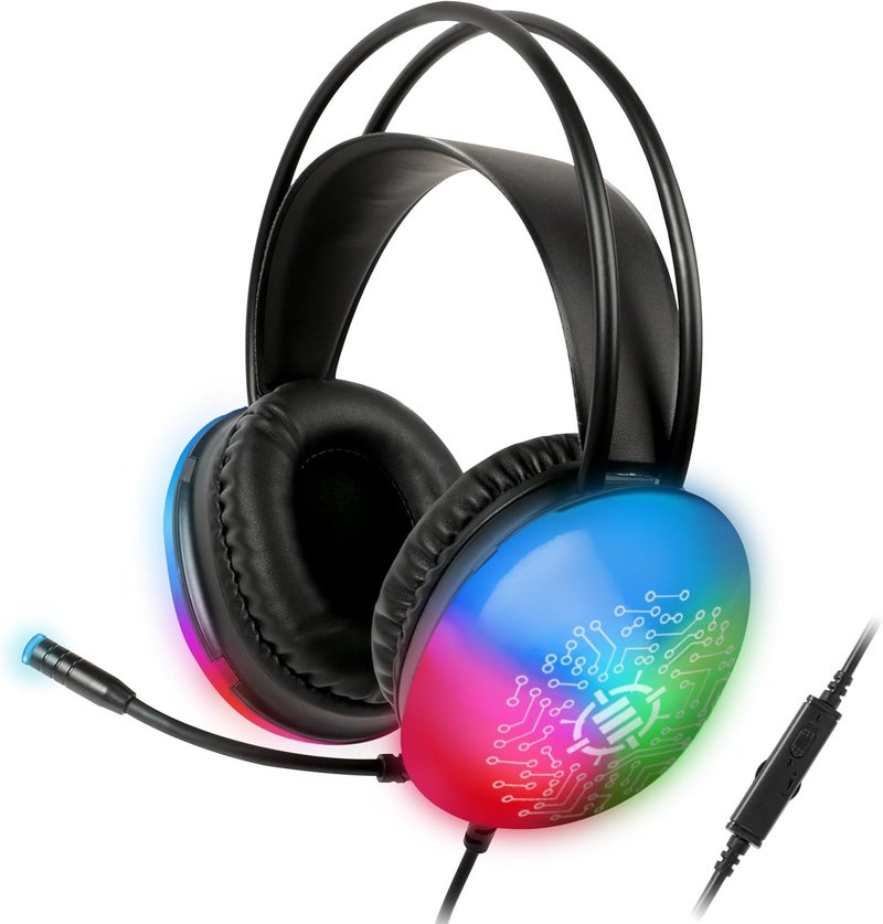 ENHANCE Voltaic 2 USB Gaming Headset - Stereo Gaming Headset for PC with Clear, Circuit Design, Color Changing LEDs, 50mm Drivers - Over Ear Headphones with In-Line Controller, Splitter Cable - Image 1