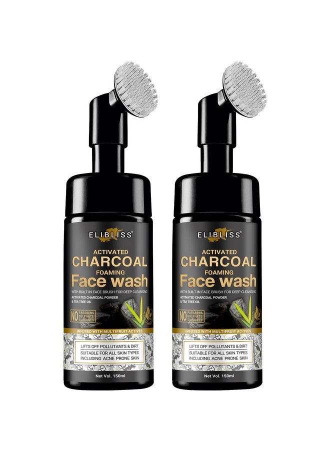 ELIBLISS Charcoal Foaming Face Wash With Built-In Face Brush For Deep Cleansing - No Parabens, Sulphate, Silicones & Color 150 Ml Pack Of 2  - Image 1
