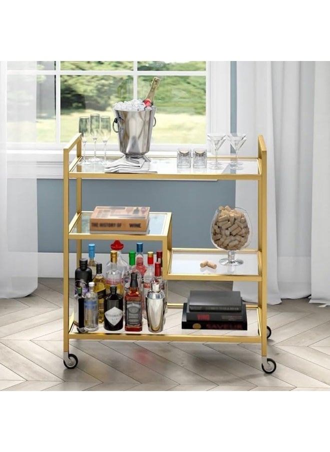 HOME TASTE Gold Metal Serving Trolley – Pre-Assembled Utility Cart with Clear Glass Shelves & Heavy-Duty Frame for Kitchen, Bar, Restaurant & Hospital (100x40x90 cm)  - Image 1