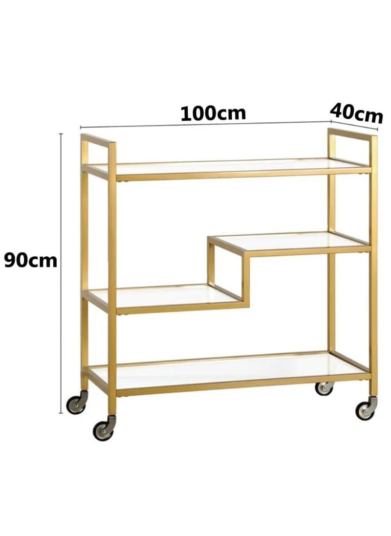 HOME TASTE Gold Metal Serving Trolley – Pre-Assembled Utility Cart with Clear Glass Shelves & Heavy-Duty Frame for Kitchen, Bar, Restaurant & Hospital (100x40x90 cm)  - Image 2