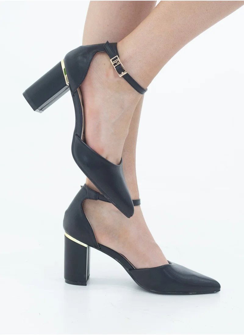 LAMARAPARIS Chandri open waist pointy on 8cm block heel PU black