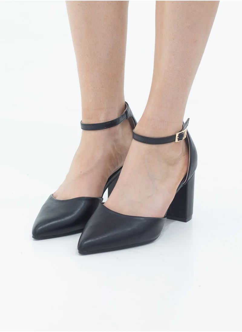 LAMARAPARIS Chandri open waist pointy on 8cm block heel PU black