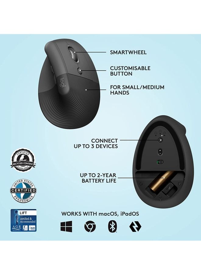 Logitech Lift Vertical Ergonomic Mouse, Logi Bolt USB Receiver, 4000 DPI Sensitivity, Multi-OS Compatibility, 10m Range, 2 Year Battery Life, Quiet Clicks & Smartwheel Graphite - Image 5