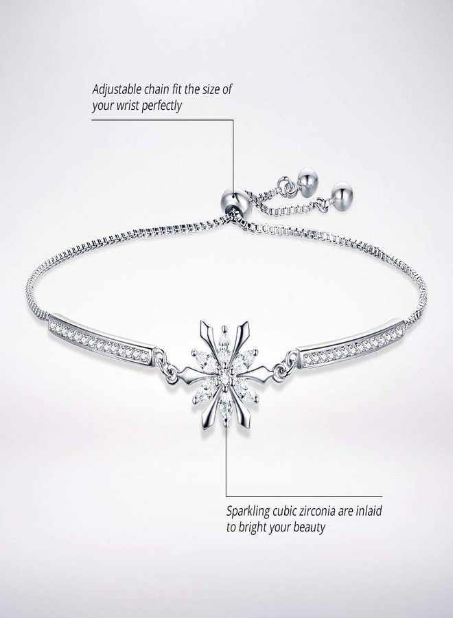 BISAER Snowflake Tennis Bracelets for Women Girls, White Gold Plated Cubic Zirconia Charm Bracelet with Adjustable Chain, Anniversary, Birthday, Mother Day, Women' s Day Bracelet. - Image 3