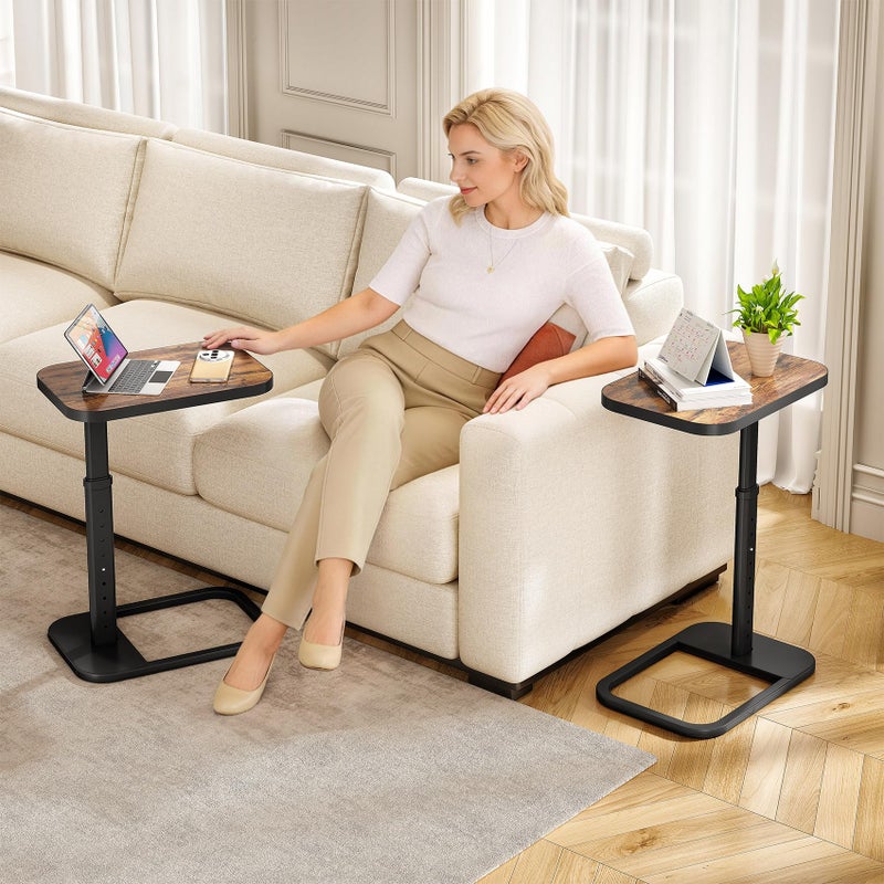 Kitstorack Adjustable Height C-Shaped End Table, 9-Level Side Table with Metal Rounded Edge, Couch Table that Slides Under Sofa or Bed for Eating, Working, and Drinks, TV Tray for Small Spaces, Brown - Image 2