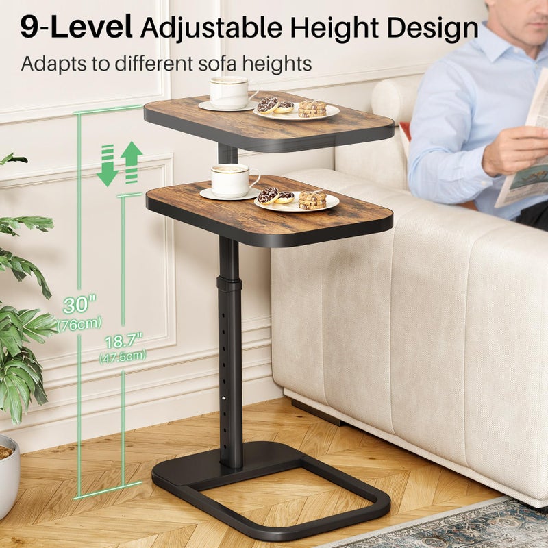 Kitstorack Adjustable Height C-Shaped End Table, 9-Level Side Table with Metal Rounded Edge, Couch Table that Slides Under Sofa or Bed for Eating, Working, and Drinks, TV Tray for Small Spaces, Brown - Image 3