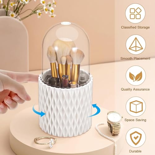 INOVERA (LABEL) INOVERA 5 Slot Makeup Cosmetics Brush Holder - 360° Rotating Cosmetic Organizer Display Case - Dustproof Brushes Storage Cases with Lid for Women Girls (White) - Image 3