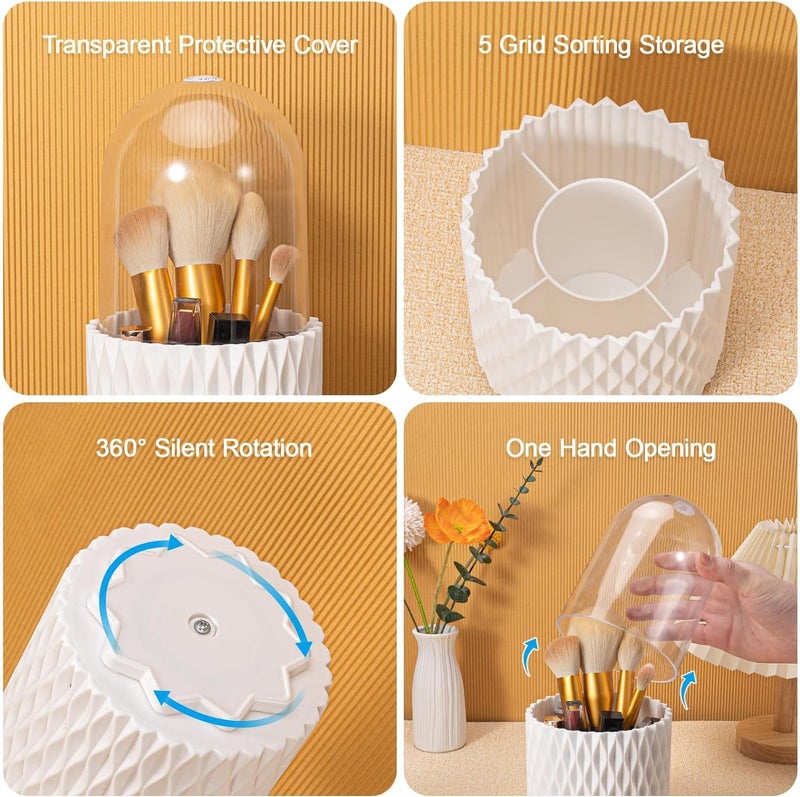 INOVERA (LABEL) INOVERA 5 Slot Makeup Cosmetics Brush Holder - 360° Rotating Cosmetic Organizer Display Case - Dustproof Brushes Storage Cases with Lid for Women Girls (White) - Image 4