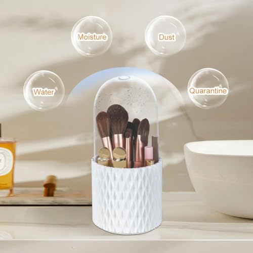 INOVERA (LABEL) INOVERA 5 Slot Makeup Cosmetics Brush Holder - 360° Rotating Cosmetic Organizer Display Case - Dustproof Brushes Storage Cases with Lid for Women Girls (White) - Image 5