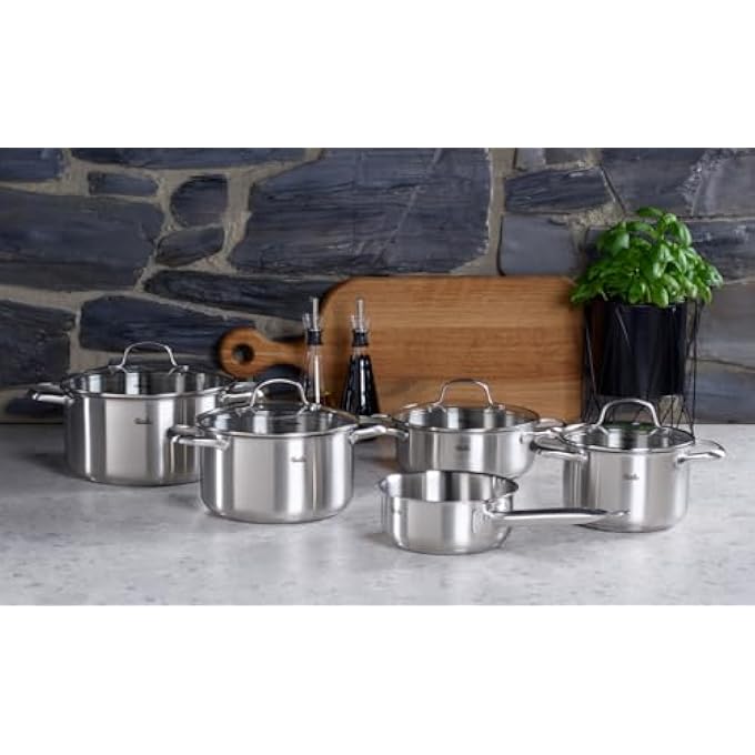 فيسلير مجموعة أواني طهي سان فرانسيسكو من الفولاذ المقاوم للصدأ، مكونة من 5 قطع، مع أغطية زجاجية، جميع مواقد الطهي بالحث، 3 أواني طهي، مقلاة طهي واحدة، مقلاة طهي واحدة بدون غطاء، فضية - Image 2
