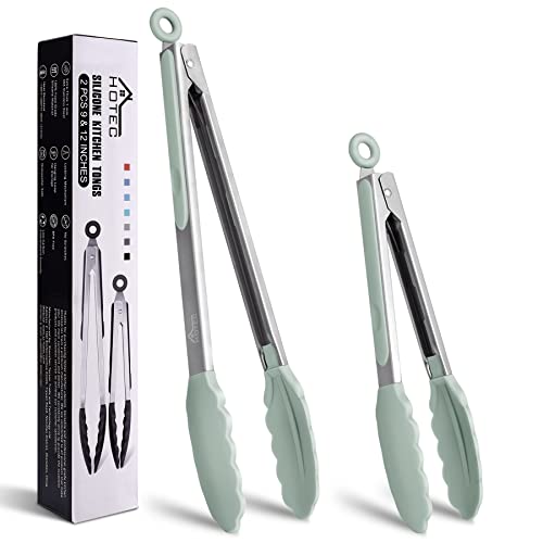 Hotec Premium Stainless Steel Locking Kitchen Tongs with Silicon Tips, Set of 2-9" and 12" Light Green - Image 1