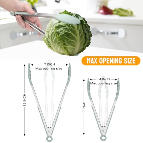 Hotec Premium Stainless Steel Locking Kitchen Tongs with Silicon Tips, Set of 2-9" and 12" Light Green - Image 3