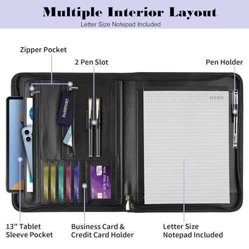 Mkobon Leather Padfolio Portfolio Binder Organizer, with 25 Pages Notepad & 13" Tablet Sleeve, Professional Conference Meeting Business Zipper Folder for Letter Size A4 Legal Writing Pad Document Men Women - Image 3