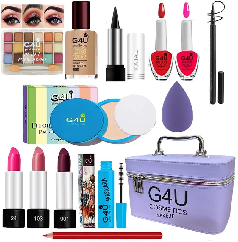 G4U All in One Makeup Kit Gift Set,Eyeshadow,Eyeliner Pen,Foundation,3 Lipsticks,Kajal,Lip Liner,Puff,Mascara,2nail Polish,Compact,Perfect for Party Wedding makeup With Makeup Box(Set Of 14Pcs) ST 68 - Image 1