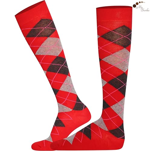Mysocks Argyle Knee High Socks for Men and Women - Novelty Horse Riding Checkered Plaid Golf Socks - Soft Stretchy Argyle Socks Ash and Anthracite on Red - Image 4