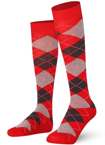 Mysocks Argyle Knee High Socks for Men and Women - Novelty Horse Riding Checkered Plaid Golf Socks - Soft Stretchy Argyle Socks Ash and Anthracite on Red - Image 3