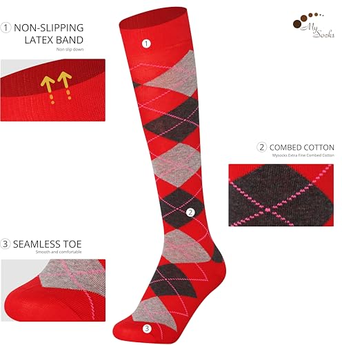 Mysocks Argyle Knee High Socks for Men and Women - Novelty Horse Riding Checkered Plaid Golf Socks - Soft Stretchy Argyle Socks Ash and Anthracite on Red - Image 2