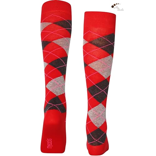 Mysocks Argyle Knee High Socks for Men and Women - Novelty Horse Riding Checkered Plaid Golf Socks - Soft Stretchy Argyle Socks Ash and Anthracite on Red - Image 5