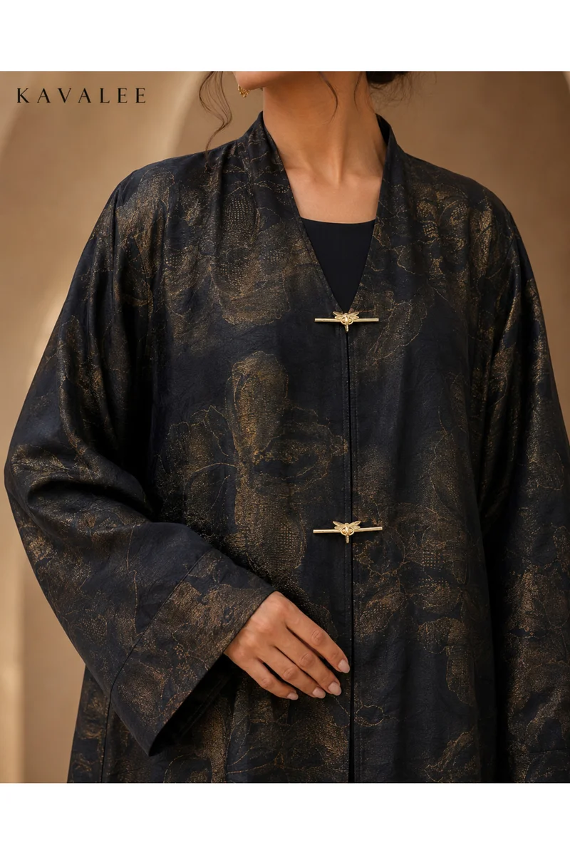 Kavalee Women's Luxury Black & Gold Floral Jacquard Abaya with Elegant Gold Clasps