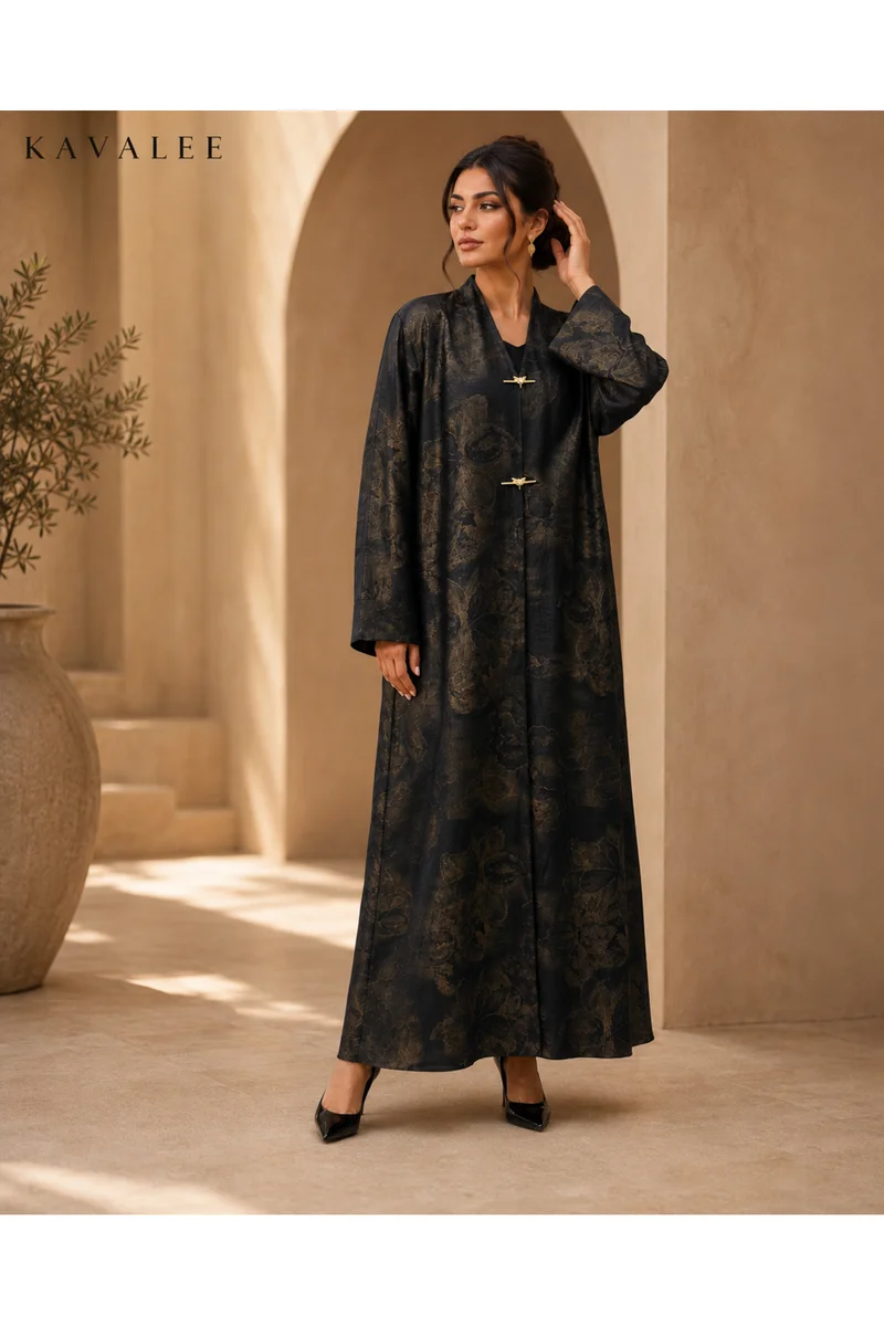 Kavalee Women's Luxury Black & Gold Floral Jacquard Abaya with Elegant Gold Clasps