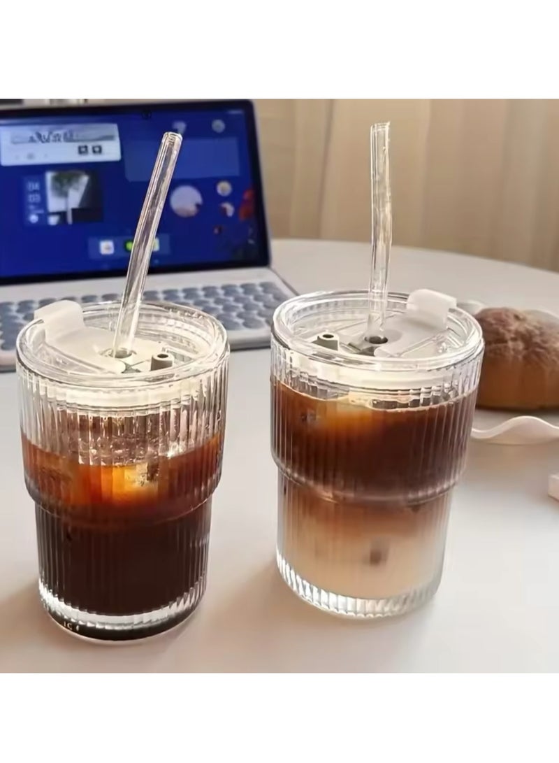 Beauenty Glass Cups Sets, 2 Pack Ribbed Glass Cups with Matching Lids and Glass Straws, Transparent Stripe Glass Tumble Glass Drinking Glasses for Water, Iced Coffee, Milk, Tea, Juice  - Image 2