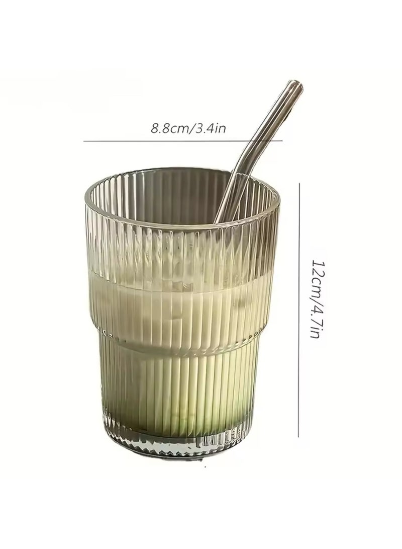 Beauenty Glass Cups Sets, 2 Pack Ribbed Glass Cups with Matching Lids and Glass Straws, Transparent Stripe Glass Tumble Glass Drinking Glasses for Water, Iced Coffee, Milk, Tea, Juice  - Image 3