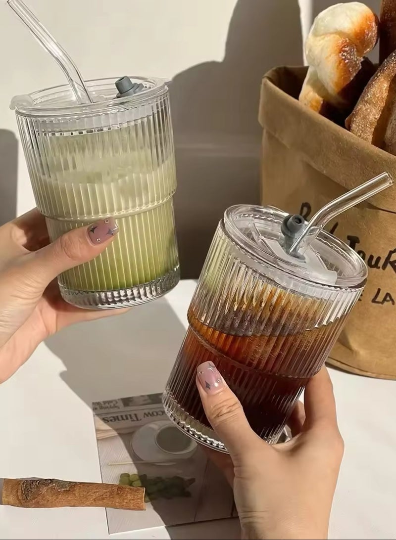 Beauenty Glass Cups Sets, 2 Pack Ribbed Glass Cups with Matching Lids and Glass Straws, Transparent Stripe Glass Tumble Glass Drinking Glasses for Water, Iced Coffee, Milk, Tea, Juice  - Image 1