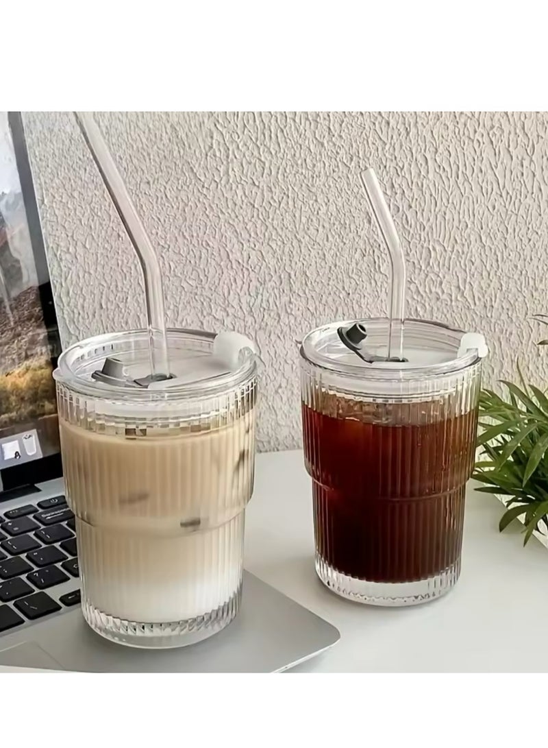 Beauenty Glass Cups Sets, 2 Pack Ribbed Glass Cups with Matching Lids and Glass Straws, Transparent Stripe Glass Tumble Glass Drinking Glasses for Water, Iced Coffee, Milk, Tea, Juice  - Image 5