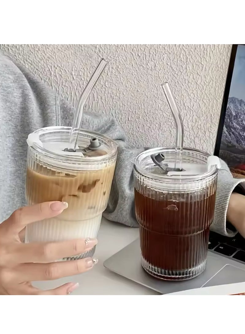 Beauenty Glass Cups Sets, 2 Pack Ribbed Glass Cups with Matching Lids and Glass Straws, Transparent Stripe Glass Tumble Glass Drinking Glasses for Water, Iced Coffee, Milk, Tea, Juice  - Image 4