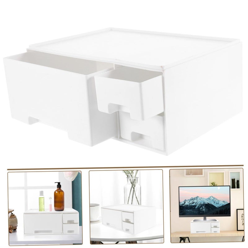 White Computer Monitor Riser Stand With Organizer Storage Rack For Office Desk Space Saving - Image 4