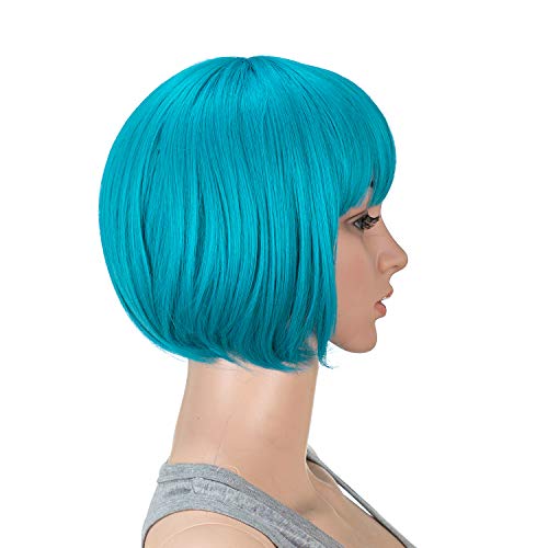 SWACC 10 Inch Short Straight Bob Wig with Bangs Synthetic Colorful Cosplay Daily Party Flapper Wig for Women with Wig Cap (Teal Blue) - Image 2