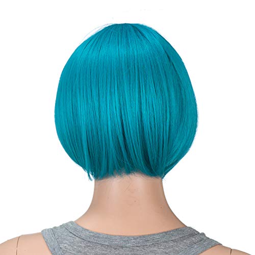 SWACC 10 Inch Short Straight Bob Wig with Bangs Synthetic Colorful Cosplay Daily Party Flapper Wig for Women with Wig Cap (Teal Blue) - Image 3