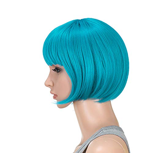 SWACC 10 Inch Short Straight Bob Wig with Bangs Synthetic Colorful Cosplay Daily Party Flapper Wig for Women with Wig Cap (Teal Blue) - Image 4