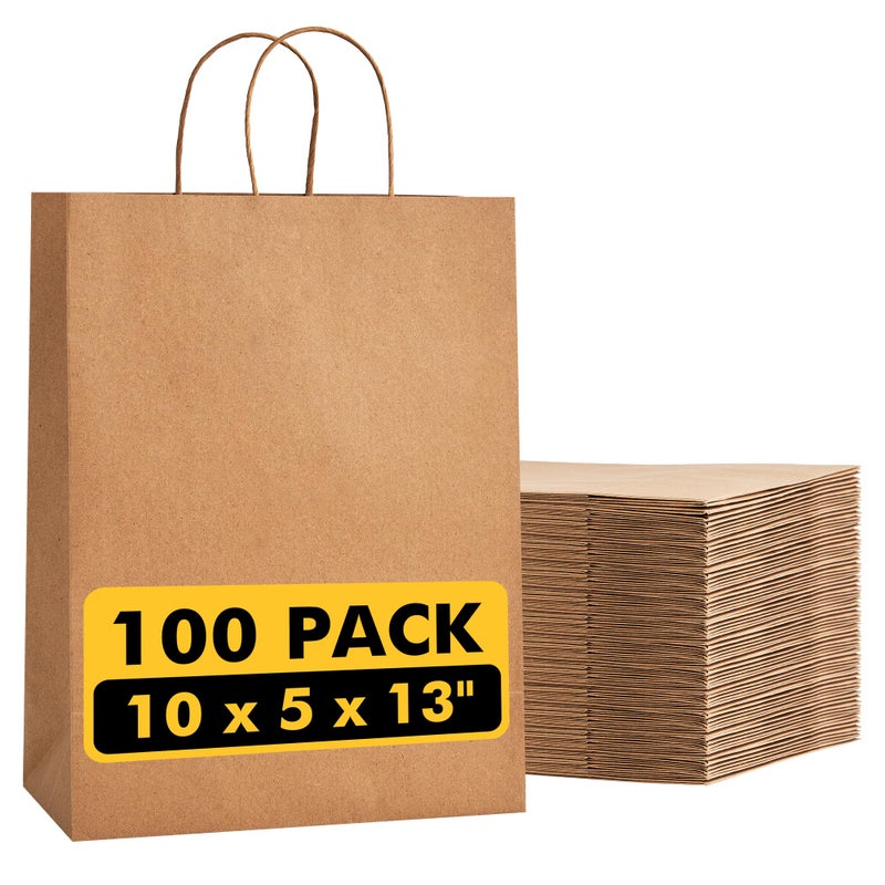 RACETOP 100 Pcs Kraft Shopping Bags 10x5x13 Inch Brown Paper Bags with Handles Bulk, Recycled Paper Gift Bag for Birthday Party Favors Grocery Retail Shopping Business - Image 1
