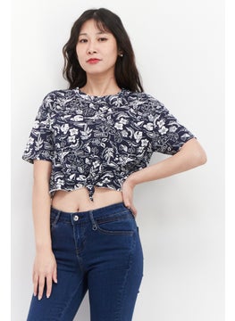 Lefties Women Round Neck Short Sleeve Allover Print Top, Navy/White  - Image 1