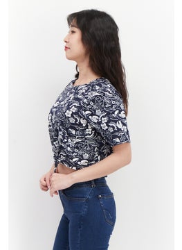 Lefties Women Round Neck Short Sleeve Allover Print Top, Navy/White  - Image 4