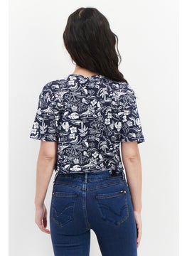 Lefties Women Round Neck Short Sleeve Allover Print Top, Navy/White  - Image 2