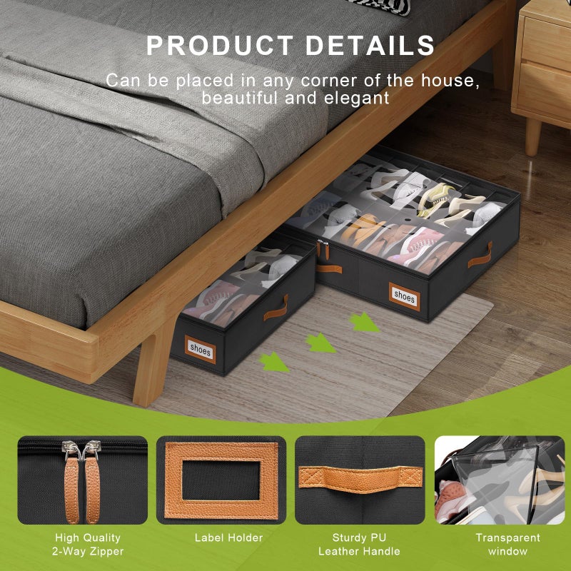 homyfort Shoe Organizer Under Bed, Fits 32 Pairs, Under bed Shoe Storage Boxes with Study Handles and Clear Cover, zapateras organizer for shoes, set of 2 - Image 3