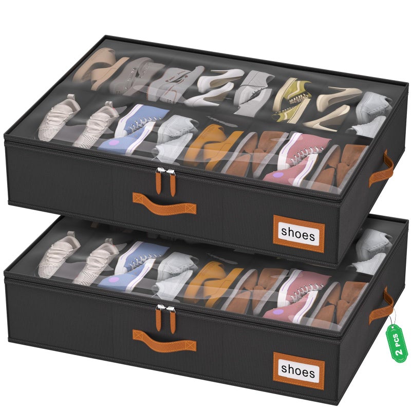 homyfort Shoe Organizer Under Bed, Fits 32 Pairs, Under bed Shoe Storage Boxes with Study Handles and Clear Cover, zapateras organizer for shoes, set of 2 - Image 1