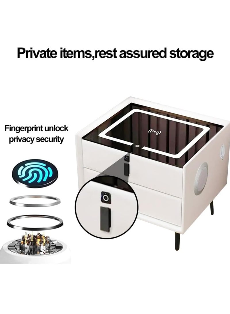 Nightstand with Fingerprint Lock Drawer Smart Multifunctional Table with Wireless charging Bluetooth Speaker Storage Cabinet with Adjustable Led Light for Bedroom Living Room (White) - Image 2
