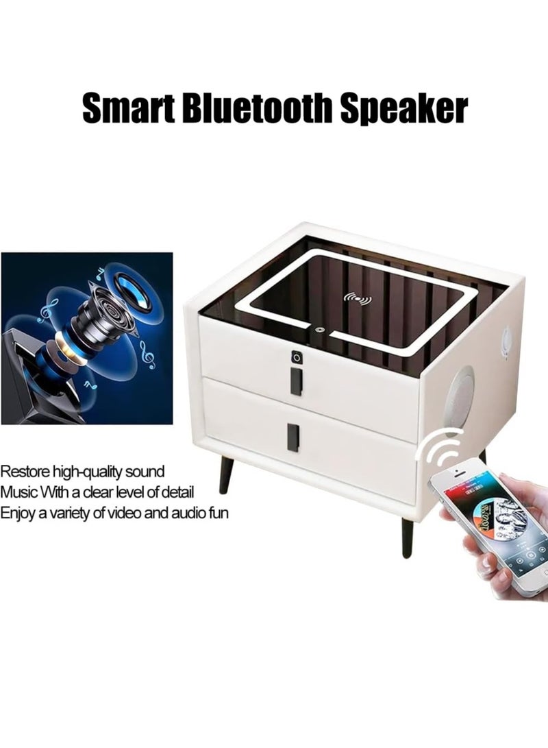 Nightstand with Fingerprint Lock Drawer Smart Multifunctional Table with Wireless charging Bluetooth Speaker Storage Cabinet with Adjustable Led Light for Bedroom Living Room (White) - Image 5