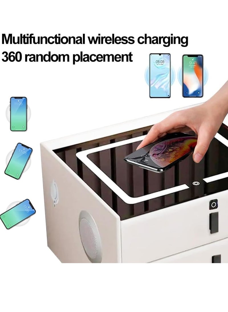 Nightstand with Fingerprint Lock Drawer Smart Multifunctional Table with Wireless charging Bluetooth Speaker Storage Cabinet with Adjustable Led Light for Bedroom Living Room (White) - Image 3