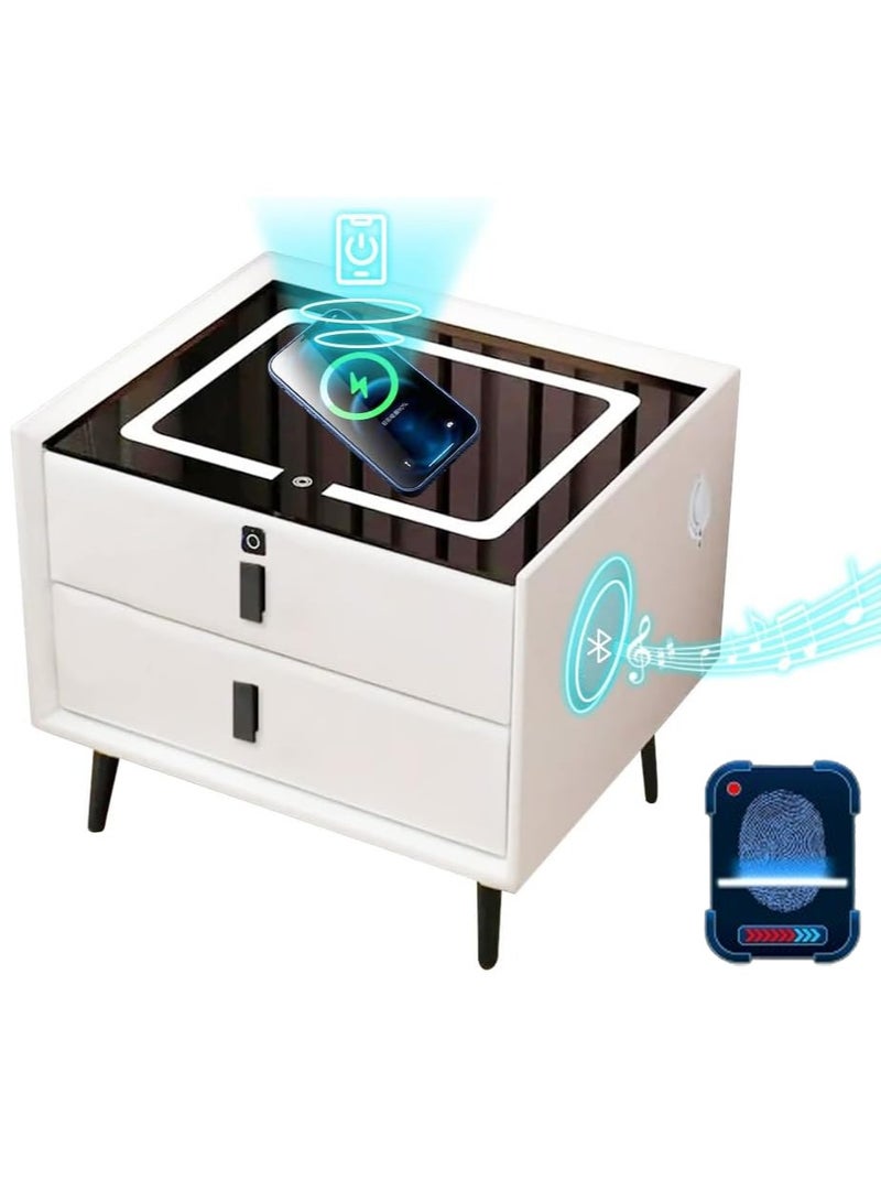 Nightstand with Fingerprint Lock Drawer Smart Multifunctional Table with Wireless charging Bluetooth Speaker Storage Cabinet with Adjustable Led Light for Bedroom Living Room (White) - Image 1