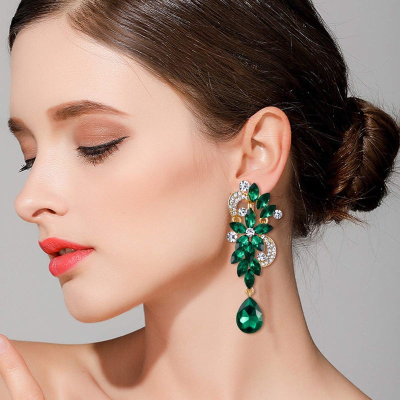 BriLove St Patricks Day Earrings Wedding Bridal Clip-On for Women Bohemian Boho Crystal Flower Chandelier Teardrop Bling Long Dangle Jewelry for Party Prom Emerald Color Gold-Toned - Image 2