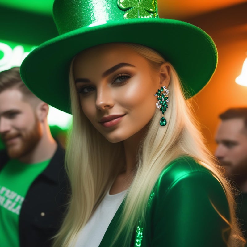 BriLove St Patricks Day Earrings Wedding Bridal Clip-On for Women Bohemian Boho Crystal Flower Chandelier Teardrop Bling Long Dangle Jewelry for Party Prom Emerald Color Gold-Toned - Image 4