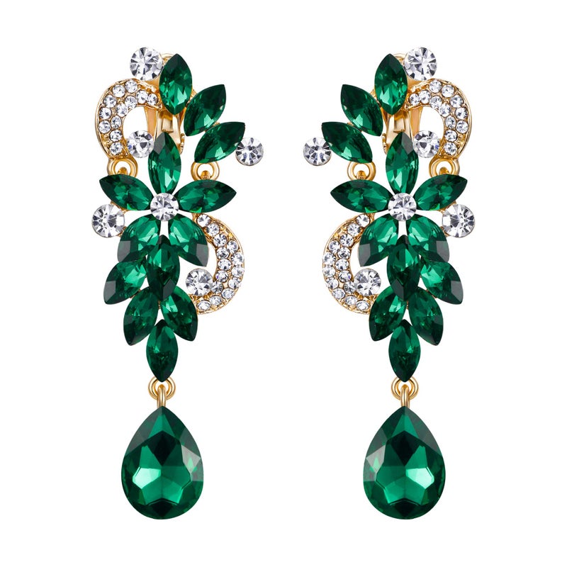BriLove St Patricks Day Earrings Wedding Bridal Clip-On for Women Bohemian Boho Crystal Flower Chandelier Teardrop Bling Long Dangle Jewelry for Party Prom Emerald Color Gold-Toned - Image 1
