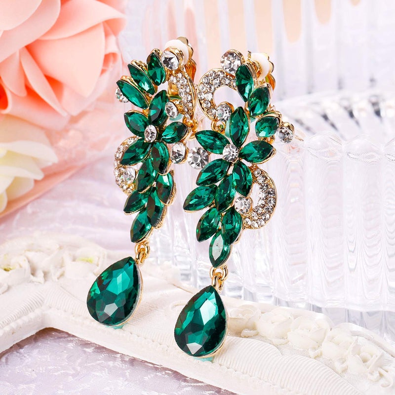 BriLove St Patricks Day Earrings Wedding Bridal Clip-On for Women Bohemian Boho Crystal Flower Chandelier Teardrop Bling Long Dangle Jewelry for Party Prom Emerald Color Gold-Toned - Image 5