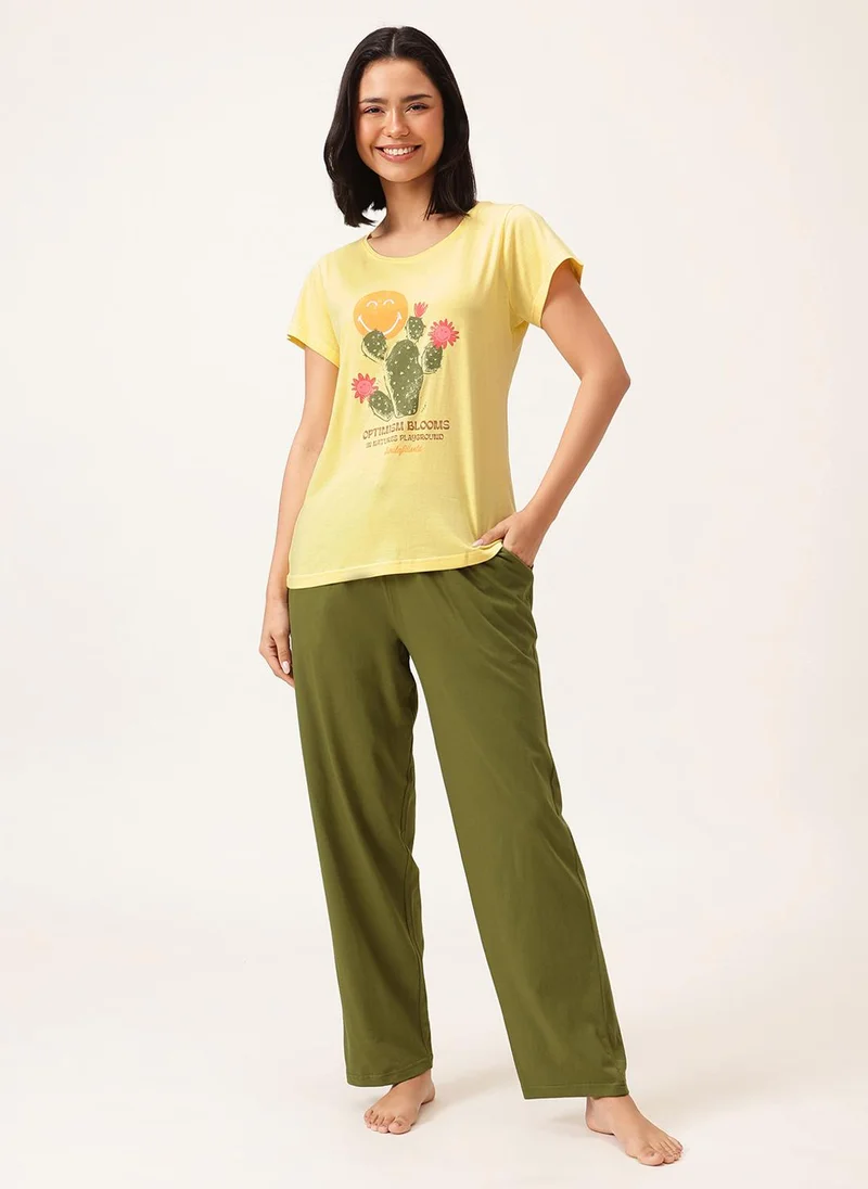 كلوفيا Clovia Graphic & Text Print T-shirt in Light Yellow & Pyjama in Olive Green Set - 100% Cotton