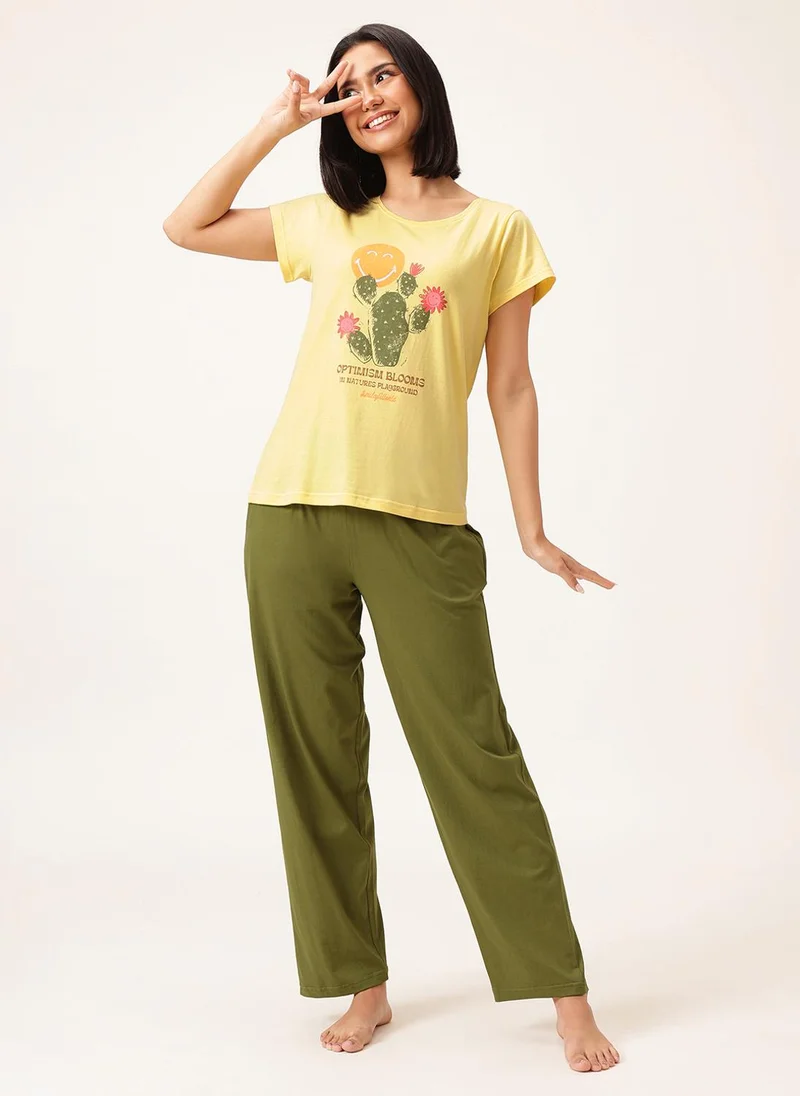 كلوفيا Clovia Graphic & Text Print T-shirt in Light Yellow & Pyjama in Olive Green Set - 100% Cotton